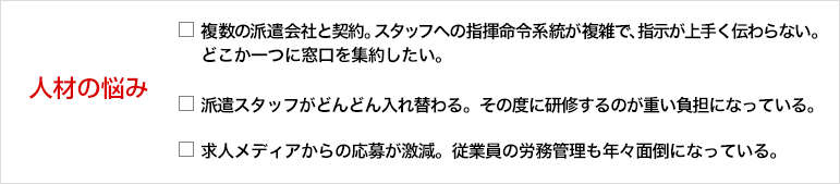 人材の悩み 複数の派遣会社と契約。スタッフへの指揮命令系統が複雑で、指示が上手く伝わらない。 どこか一つに窓口を集約したい。 派遣スタッフがどんどん入れ替わる。その度に研修するのが重い負担になっている。 求人メディアからの応募が激減。従業員の労務管理も年々面倒になっている。